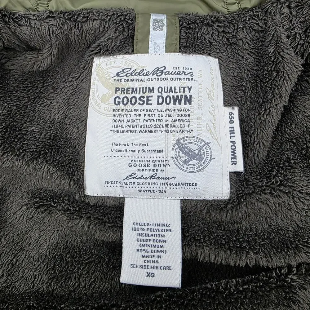 Eddie Bauer Vest Womens XS Green Hooded Goose Down 650 Fill Power Sherpa Lined